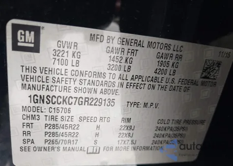 2016 Chevrolet Tahoe Ltz from USA, damaged, VIN 1GNSCCKC7GR229135